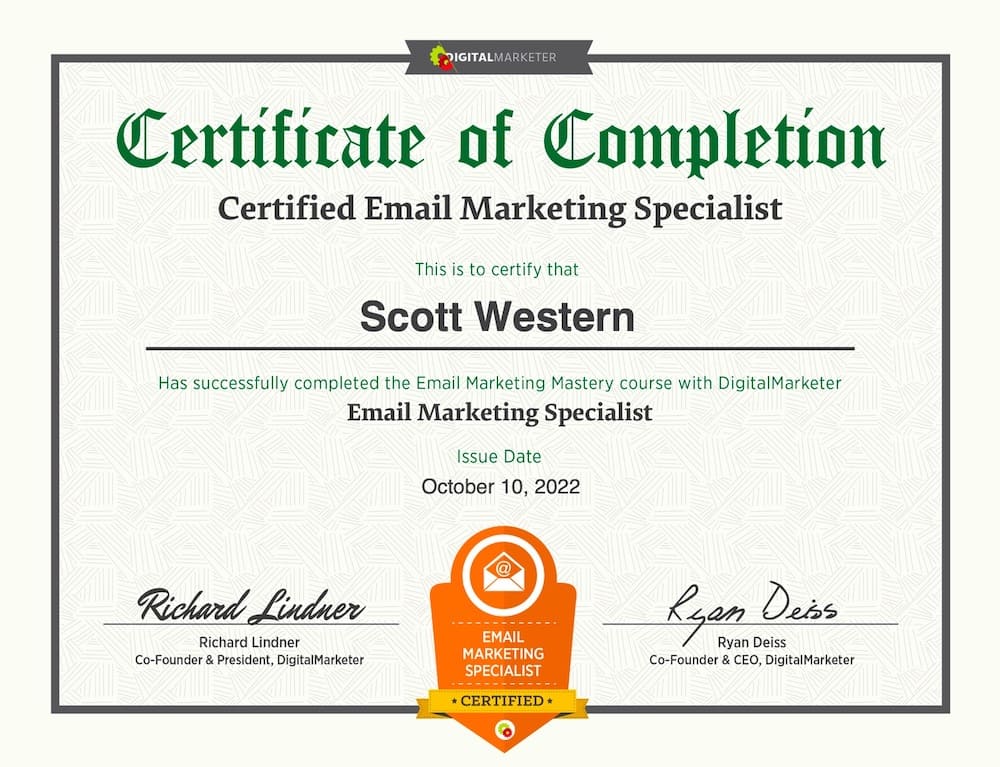 scott western certified email marketing specialist certificate