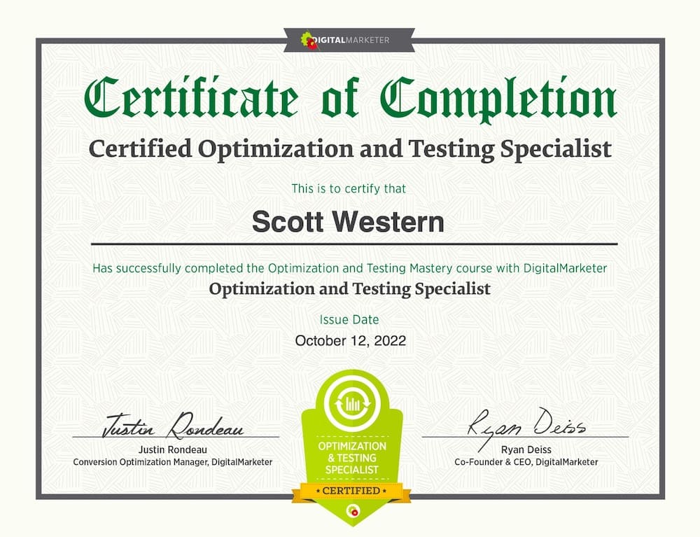 scott western certified optimization and testing specialist certificate